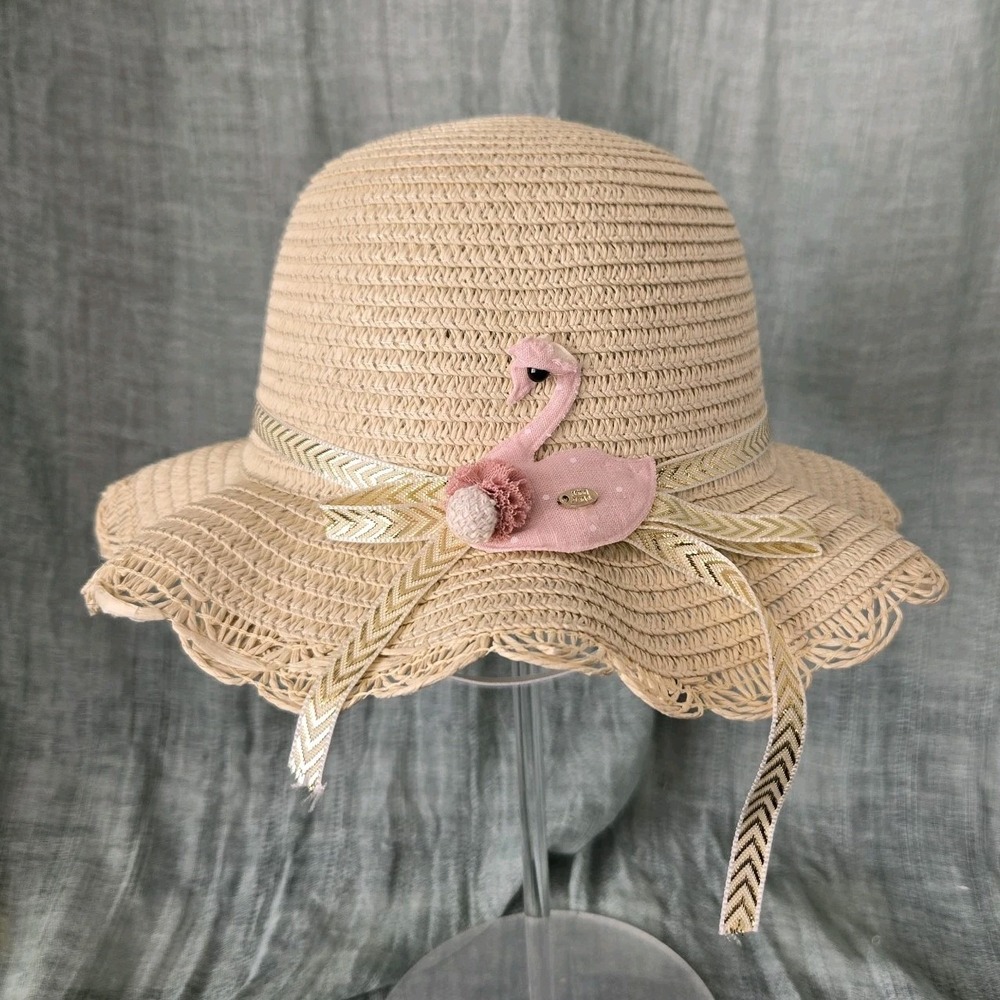 Girl's Spring Easter Straw Scalloped Brim Hat‎ Pink Swan Chin Strap